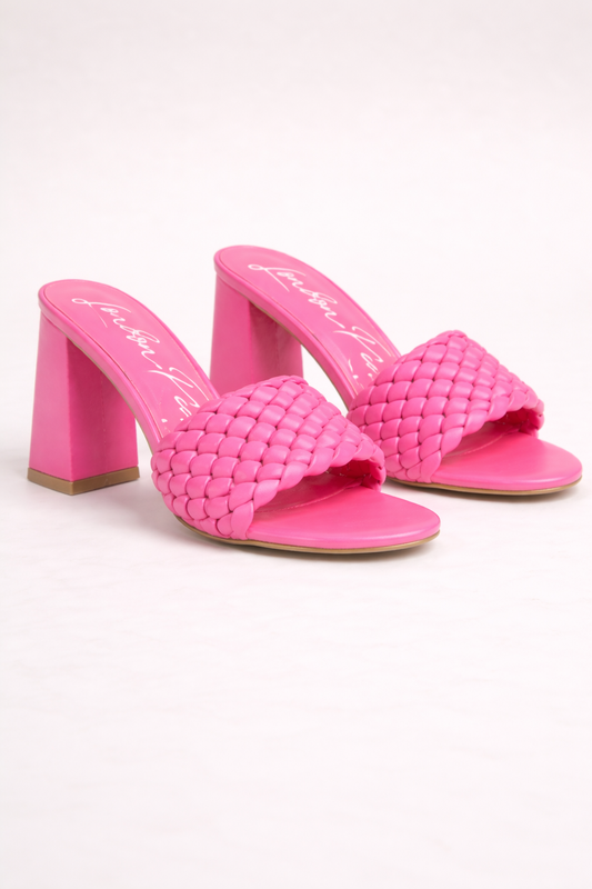 LUST LOOK BRAIDED SATIN BLOCK SANDALS