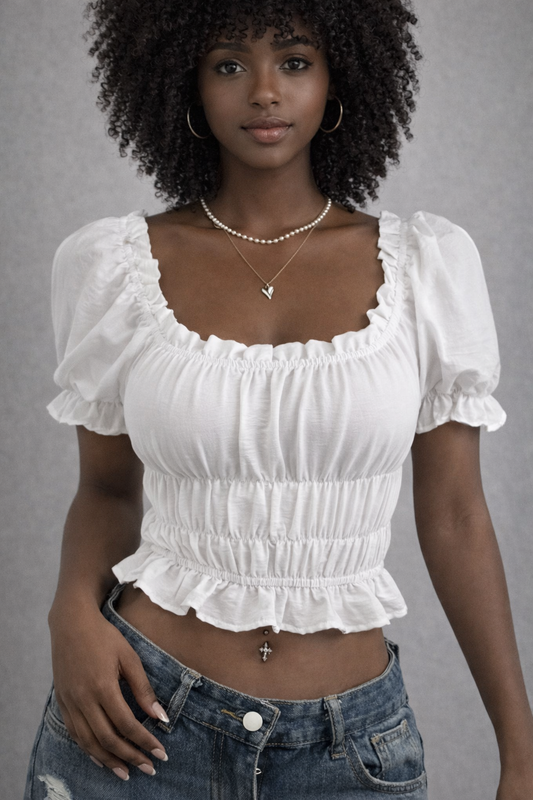 Frill Ruffled Hem Puff Sleeve Crop Blouse